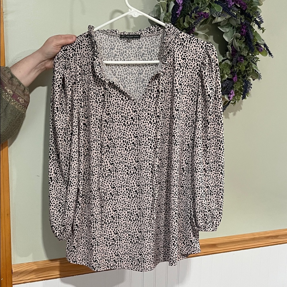 Adrianna Papell Blush Pink & Black Dotted V-Neck Blouse